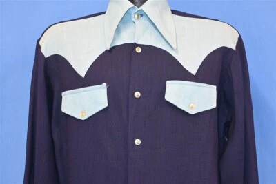 Camisa masculina vintage anos 70 CALIFÓRNIA AZUL WESTERN YOKE GOLA GRANDE BOTÃO PARA BAIXO M - Imagem 1 de 4