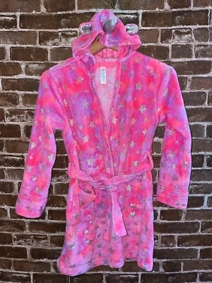 JUSTICE GIRLS 12 UNICORN ROBE FLEECE PLUSH BATH ROBE STARS HOODED LONG SLEEVE - Image 1 of 4