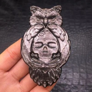 Natural Silver Obsidian Crystal Quartz Carved Owl Skull Healing Reiki Decora 1Pc - Picture 1 of 24