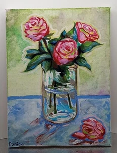 Pink Roses In Water Glass Painting Mini 6x8 Hand Painted By Dandie - Picture 1 of 1