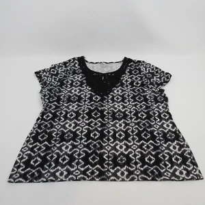 CHARTER CLUB BLACK/ White  V NECK Short SLEEVE TOP WITH CROCHET TRIM -Petite PXL - Picture 1 of 8