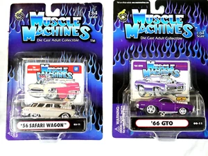2 New Muscle Machines Black 66 Pontiac GTO Purple + 56 Safari Wagon Silver 1/64 - Picture 1 of 6