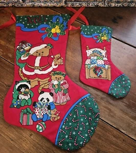 PAIR OF 2 LINEN CHRISTMAS DECORATIVE STOCKINGS 1970'S-80'S BEARS - Picture 1 of 8