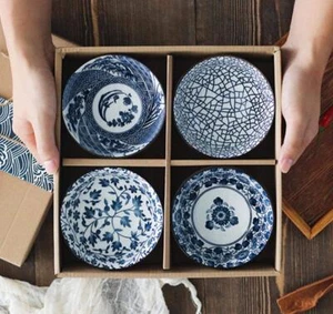 Set of 4 Japanese Style Ceramic Rice Bowl Assorted Designs Traditional Blue - Picture 1 of 7