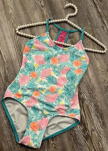 NWT O'RAGEOUS Girl’s Teal Multicolored Floral Laced Racerback 1-piece Swimsuit 8 - Picture 1 of 12