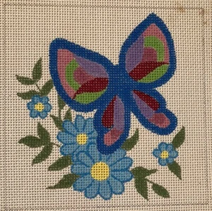 Creative Needle (?) Butterfly Blue Vintage Needlepoint Canvas 70’s Kitsch Groovy - Picture 1 of 6