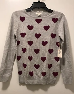 Forever 21 Girls Pullover Grey Burgundy Hearts Crew Neck Sweater Size 13/14 - Picture 1 of 8
