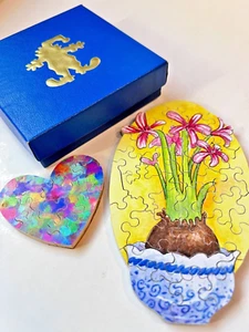 2 STAVE Collectible Wooden Jigsaw Puzzles: 28-Pc RARE Spring Flower + 7-Pc Heart - Picture 1 of 12