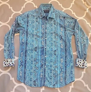 David Smith LS Button Up Shirt Blue Paisley Polka Dot Flip Cuffs Mens Large Slim - Picture 1 of 21