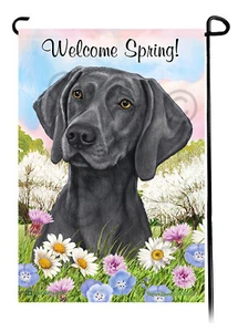 Welcome Spring Garden Flag - Dark Blue Weimaraner - Picture 1 of 1