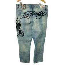 Ed Hardy Jeans 38 x 30 Slim Fit Death Before Dishonor Logo Blue Distressed Y2K