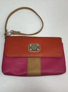 Jessica Simpson Wristlet Clutch Metal Logo Pink Orange Tan Snap Zip Credit Card - Picture 1 of 10