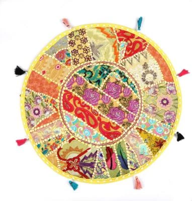 22" Pillow/Seat Cover Throw/Bean Bag Large With Bohemian Patchwork Yellow - Image 1 of 2