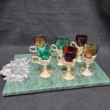 Vintage Christmas Party Shot Glass Set W/ GREEN Marble Platter Barware 