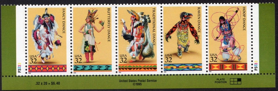 Scott #3076a (3073-3076) American Indian Dances Plate # Strip of 5 Stamps - MNH - Image 1 of 1