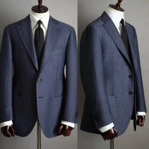 Chaqueta para hombre azul marino espiga muesca solapa un solo pecho negocios personalizada - Imagen 1 de 8