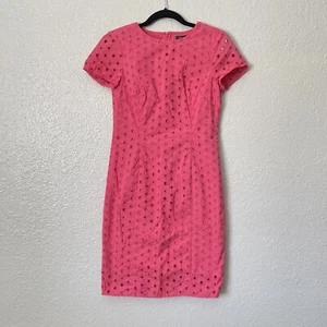 Brooks Brother Petite Sz 2 Pink Eyelet Knee Sheath Cotton Dress Cap Sleeves - Picture 1 of 12