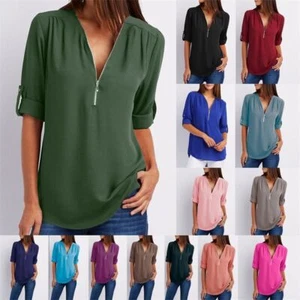 Camicia donna scollo a V blusa ampia manica lunga donna chiffon top casual nuova - Foto 1 di 41