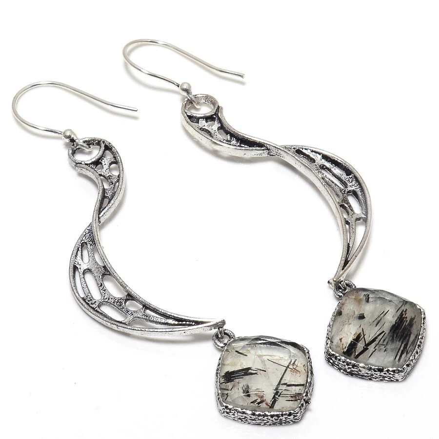 Faceted Black Rutile Gemstone Silver Plated Earrings Jewelry 3" - Image 1 of 1