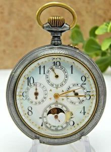 Antiguo Reloj Bolsillo Hecho en Suiza Fase Lunar Triple Calendario Fecha Acier Garanti - Imagen 1 de 12