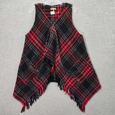 Suéter Democracy Mujeres XL Chaleco Rojo Franela a Cuadros Flecos Cuello en V Sin Mangas Foto 1 de 4