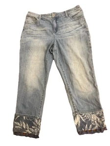 Chicos So Slimming Girlfriend Jeans Denim Blue Slim Ankle Fringe Floral 32 12 10 - Picture 1 of 6