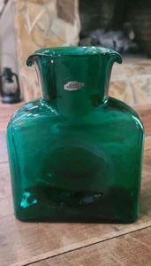 Blenko Water Pitcher Bottle Double Spout Emerald Green 8 X 6 Made In USA - Picture 1 of 11