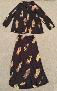 Conjunto de blusa y falda Harari 100 % seda talla S estampado de personas asiático con botones manga larga - Imagen 1 de 10