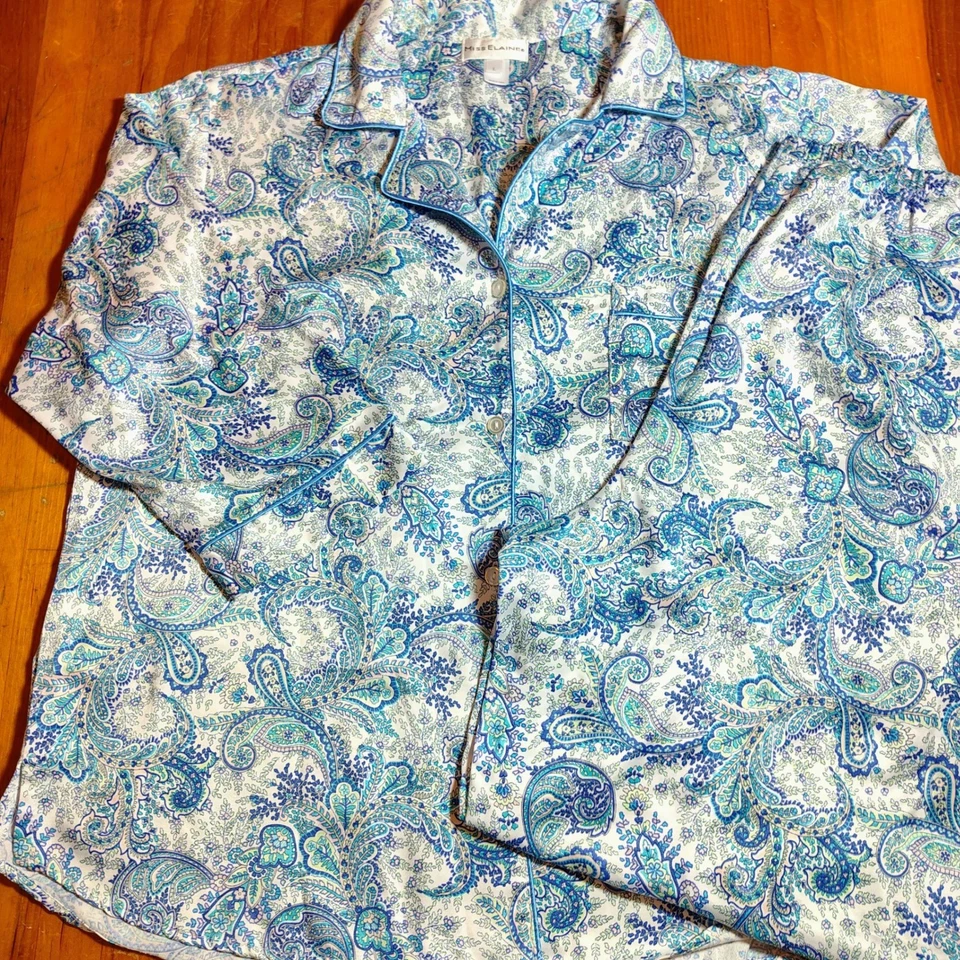 Miss Elaine Women's Pajama Set L Paisley Blue White Long Sleeve Sleepwear - Image 1 of 4