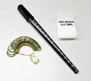 Ring Stick Mandrel + Finger Gauge Size + 100 Zip Seal Bags 2x2 Jewelry Supplies - Picture 1 of 9