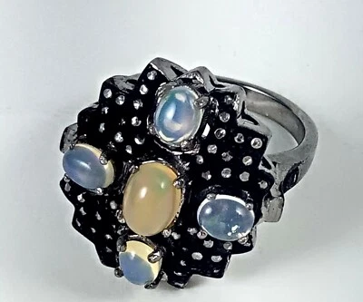 925 Sterling Silver Diamond Fire Opal Oval Gemstone Cocktail Ring Birthday Gifts - Image 1 of 4