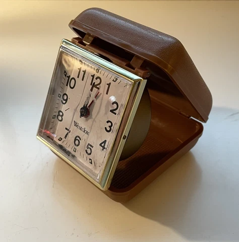 Vintage Westclox Travel Clock Brown Case Wind Up Use For Parts Min. Hand Is Off Cover