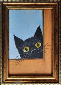 ORIGINAL Oil Painting HANDMADE Miniature Black Cat Contemporary Wall Art Animals - Picture 1 of 11