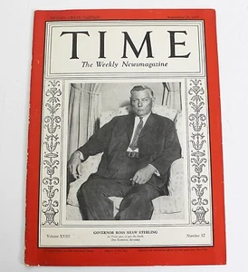 1931 TIME MAGAZINE Governor Ross Shaw Sterling cover September 21 - Picture 1 of 11