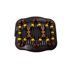 Women Hair Double Side Comb Clip | Wood Beaded Stretch | Yellow