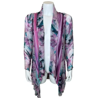 Cárdigan Topper de Gasa Soft Surroundings XS Abierto Drapeado Floral Púrpura Foto 1 de 4