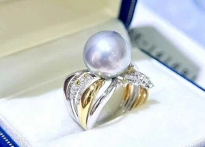 PSL Ocen blue cert 12-13mm Tahitian pearl l Diamond 0.367 ct Gold Ring - Foto 1 di 5