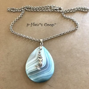 Necklace Teardrop Agate Blue Stripe W Mermaid 20” OOAK Artisan USA 1944 - Picture 1 of 3