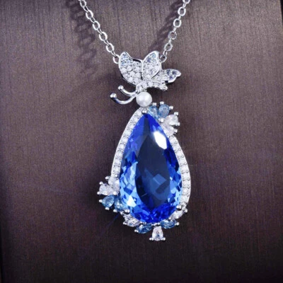 Butterfly Women Jewelry Ocean Blue Topaz Gemstone Silver Drop Necklace Pendants - Image 1 of 4