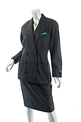 Traje Falda ESCADA Vintage Verde Carbón Mezcla Lana Rayas DB Talla EE. UU. 8 + 10 Foto 1 de 4