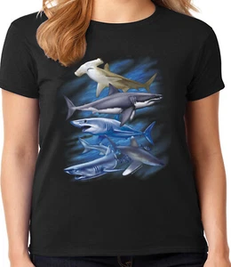 Ladies Graphic Tee Shirt - Shark T-shirt Womens Gifts Clothing Apparel - Picture 1 of 1