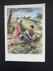 1960 GUTE HELFER Lithographie Klassenzimmer Poster Kunstwerk Unterrichtsplan signiert D Scott - Bild 1 von 5