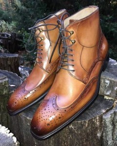 Handmade Mens Fashion Casual wing tip ankle high boots, Mens tan Leather boots