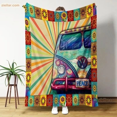 Peace Van Hippie Fleece Blanket, Colorful Volkswagen Flower Power Cozy Throw - Image 1 of 4