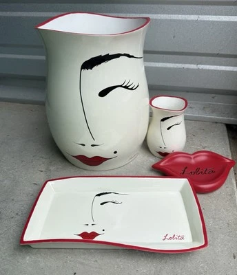 Lolita Flirt Set Soap Tray Trash Can Red White Kiss Feminine Girl Bathroom Bath - Image 1 of 4