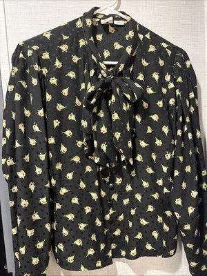 Emanuel Ungaro Ter Blouse Women's Size 10 Black Silk Romantic Floral Tie Top - Image 1 of 4