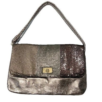 Elliott Lucca Metallic Leather Metal Bronze Pewter and Brown Flap Shoulder Bag - Image 1 of 4