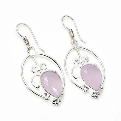 925 Sterling Silver Pink Rose Quartz Gemstone Handmade Jewelry Earring Size-1.8" - Image 1 of 4