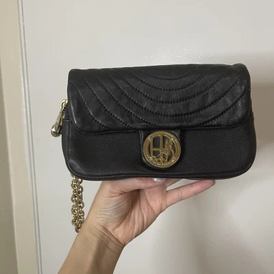 Henri Bendel black leather quilted logo gold chain clutch bag - Image 1 of 4