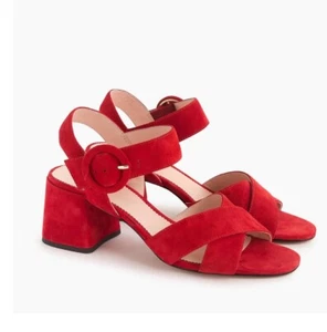 J Crew Strappy Block Heels Red Suede PENNY Sandals Women's Red Size 10.5M - Picture 1 of 9